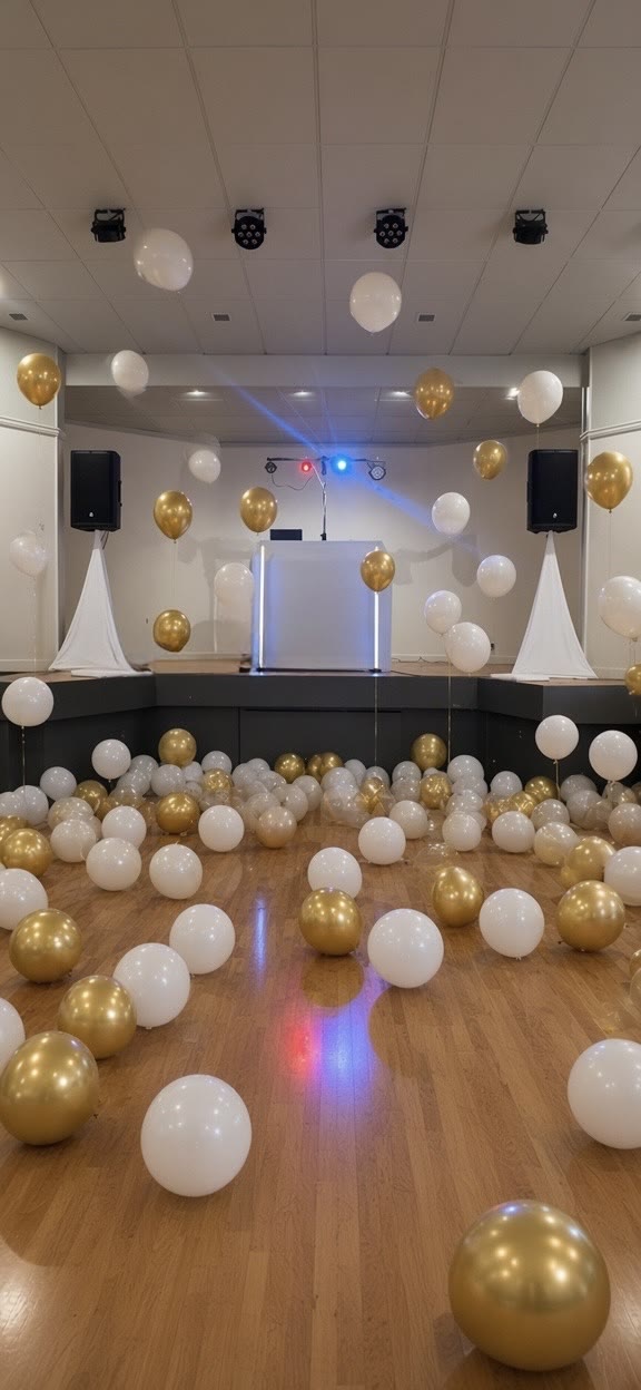 Function room filled with gold and white balloons around a white DJ booth and uplighting