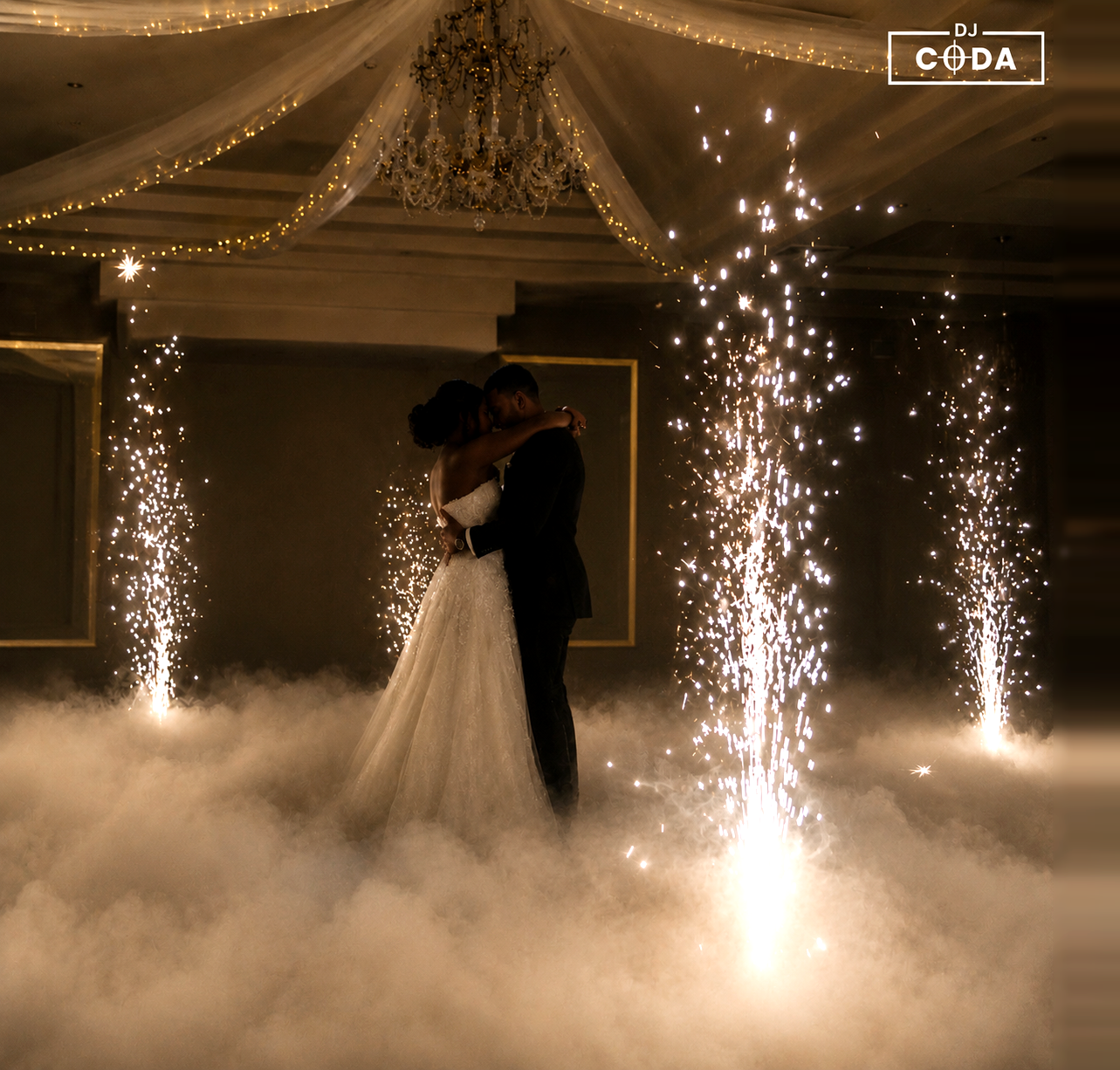 Bride and groom's first dance surrounded by cold spark fountains and low fog